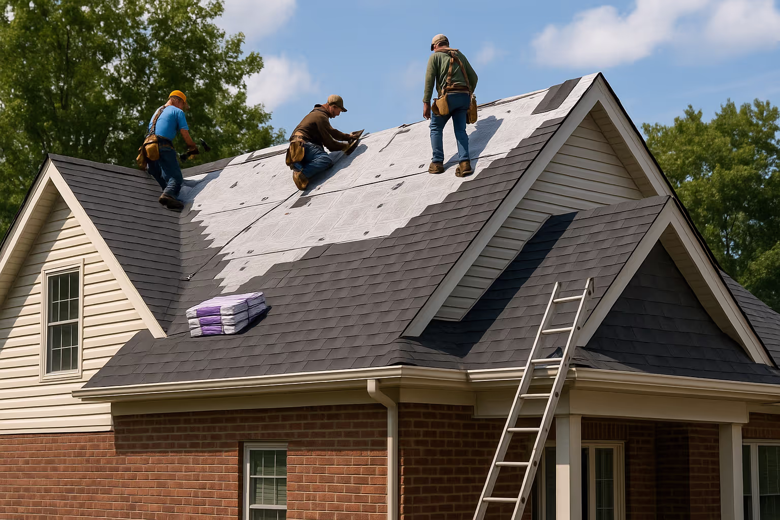 Ridge Top Exteriors crew installing asphalt shingle roof on a residential home with professional tools and safety equipment.